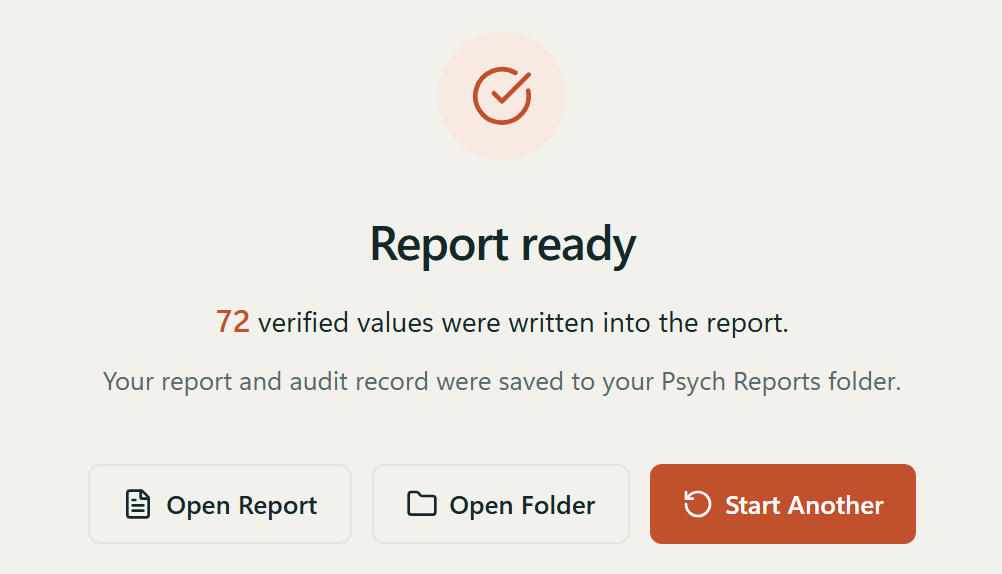 The completion panel: a seal marked “Report ready” above the count of verified values written.
