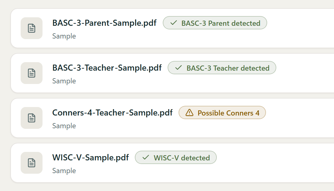 Four queued assessment PDFs from a sample client folder, each with the label the app gave it — three detected on sight, one flagged “Possible Conners 4” for the clinician to resolve.